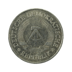 historic 1 east german mark coin (1977) reverse isolated on white background