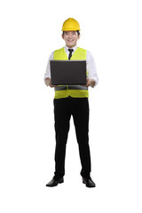 Smiling asian construction man with worker uniform holding laptop