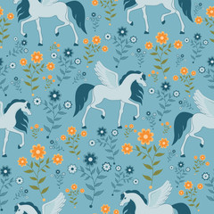 seamless texture with pegasus and flowers
