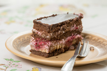 Fruit cake with chocolate served on the plate