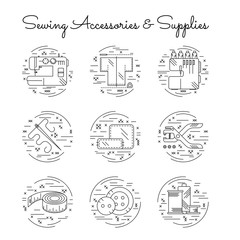 Sewing accessories and supplies line icon set with cross-stitch decorative elements. Sewing machine, overlock, needle, thread, centimeter tape, buttons, hole punch. Vector illustration.