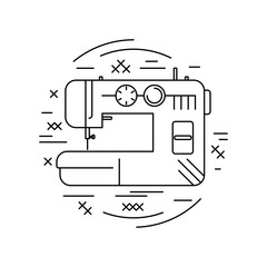 Linear style picture. Line icon with cross stitch decorative elements. Sewing machine. Vector illustration.