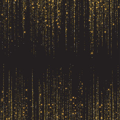 Festive explosion of confetti. Gold glitter background for the card, invitation. Holiday Decorative element. Illustration of falling shiny particles and stars isolated on dark background.