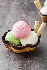 Ice cream scoops served in waffle basket on wooden background

