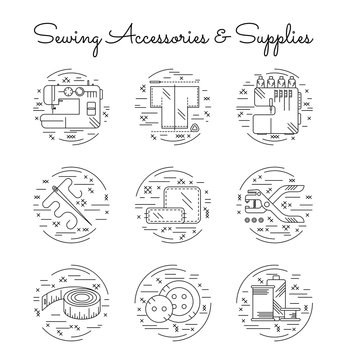 Sewing accessories and supplies line icon set with cross-stitch decorative elements. Sewing machine, overlock, needle, thread, centimeter tape, buttons, hole punch. Vector illustration.