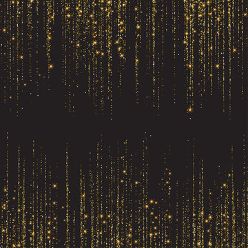 Festive explosion of confetti. Gold glitter background for the card, invitation. Holiday Decorative element. Illustration of falling shiny particles and stars isolated on dark background.
