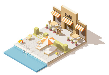 Vector isometric low poly swimming pool and cafe