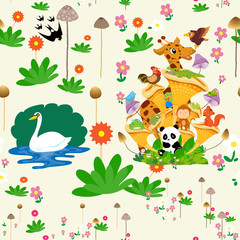 Seamless pattern with animals and flowers spring time