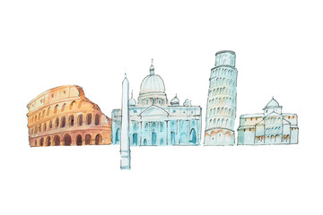 Famous Italian landmarks travel and tourism waercolor illustration.