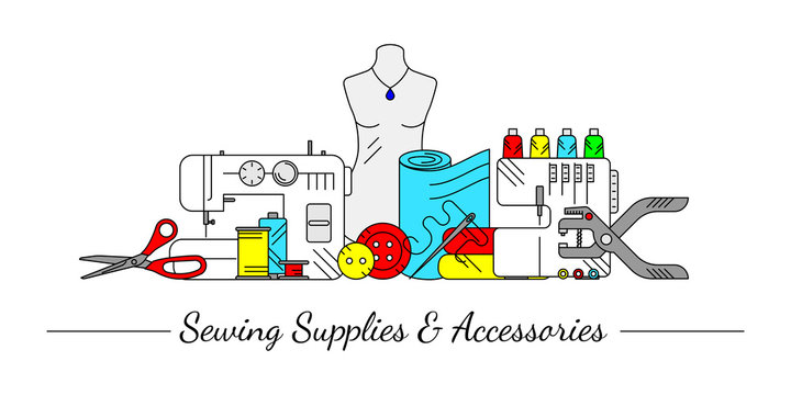 Linear style design collage with sewing icons. Accessories and supplies for tailor studio, sewing store or project. For web-pages, advertising site, signboard or cover. Vector illustration.