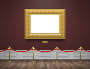 classic museum gallery interior with golden frame and rope barrier