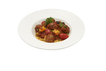 Italian meatballs in a spicy tomato sauce isolated on white background, clipping path.