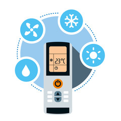 Climate control system concept. Air conditioner remote control and air conditioning symbols. Vector illustration isolated on white background.