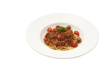 Spaghetti with tomato sauce pork chops  isolate on white background and clipping path.