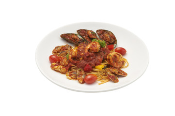 Isolated of spaghetti seafood in white plate. Clipping path and white background.