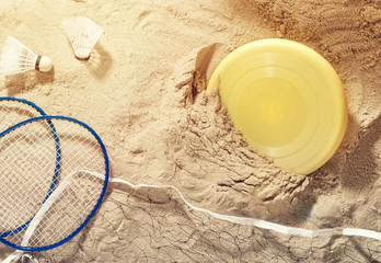 Various items for beach holiday on the sand