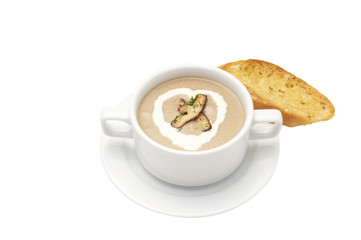 Isolated of Garlic bread with mushroom soup in bowl. White background and clipping path.