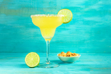 Margarita cocktail photo on vibrant background with copyspace