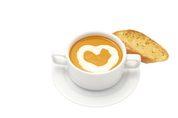 Isolated of Garlic bread with pumpkin soup in bowl. White background and clipping path.