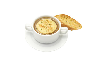 Isolated of Garlic bread with cheese soup in bowl. White background and clipping path.