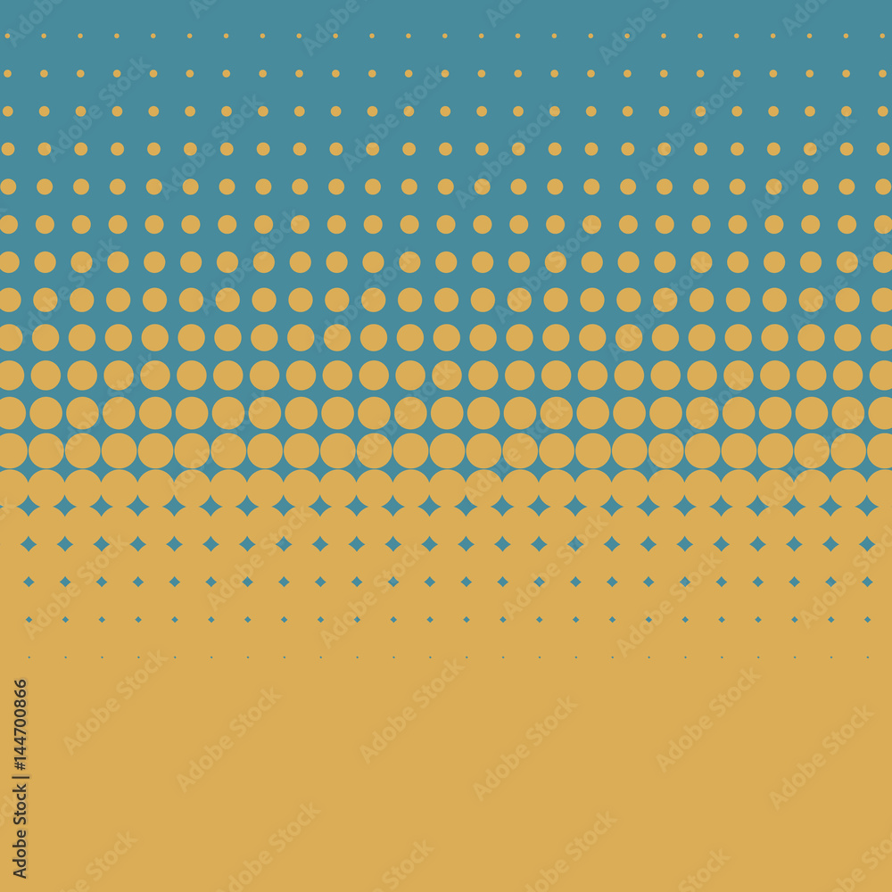 Poster artistic halftone retro color vector background with yellow dots on blue background.