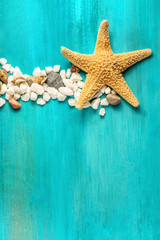 Starfish, shells, and pebbles on vibrant turquoise background