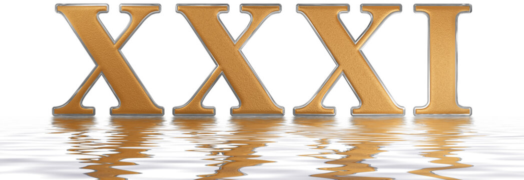 Roman numeral XXXI, unus et triginta, 31, thirty one, reflected on the water surface, isolated on  white, 3d render