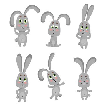Vector set of 6 rabbit with different emotions: happy, sad, joy,