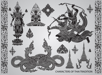 set action characters,thai tradition style vector
