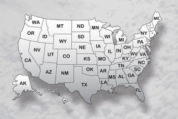 Poster map of United States of America with state names and shadow on the sky background. Black and white print map of USA for t-shirt, poster or geographic themes. Vector Illustration.