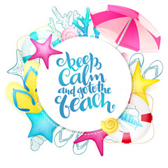Fototapeta na wymiar vector hand lettering summer phrase on round paper sheet surrounded with detailed flat and doodle seashells, sun umbrella, flip-flops, corals and lifebuoy