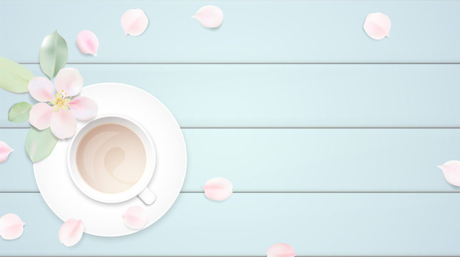  Pastel white morning background vector illustration with coffee cup