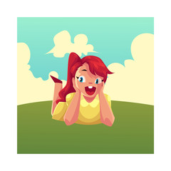 Teenage girl with long red hair and big eyes lying on green grass under summer sky, colorful cartoon vector illustration. Girl, kid, child lying on the grass, summer vacation concept