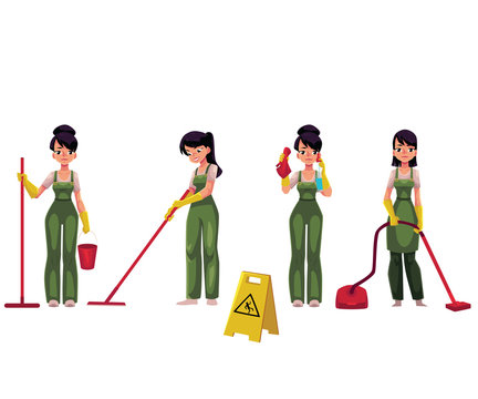 Set of cleaning service girl, charwoman, cleaner in overalls, cartoon vector illustration isolated on white background. Cleaning service girl doing vacuum cleaning, washing, holding mop and bucket