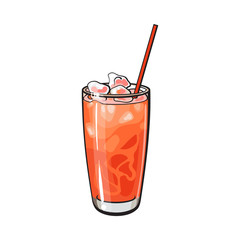 Tall glass full of freshly squeezed cold grapefruit juice with ice and straw, sketch style vector illustration on white background. Hand drawn glass of grapefruit juice with ice