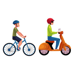 Scooter, moped and bicycle riders, drivers, riders wearing helmet, side vew, cartoon vector illustration isolated on white background. Motorcycle and bicycle, two types of typical urban transport