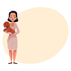 Young woman, female veterinarian doctor, vet in white medical coat holding a dog, cartoon vector illustration with space for text. Female, woman veterinarian doctor, vet holding a puppy