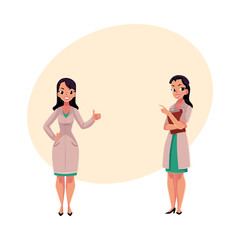 Two female, woman doctors in white medical coats, one showing thumb up, another holding clipboard, cartoon vector illustration with space for text. Full length portrait of two female doctors