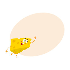 Cute and funny cheese chunk character pointing up with its finger, cartoon vector illustration with space for text. Funny cheese piece character, mascot with human face pointing up