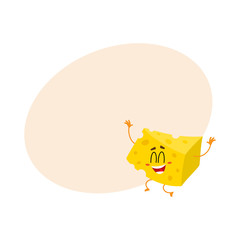 Cute and funny cheese chunk character jumping from happiness hands up, cartoon vector illustration with space for text. Funny, happy, laughing cheese piece character, mascot with human face