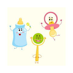 Funny baby pacifier, milk, bottle and rattle toy characters, child care concept, cartoon vector illustration isolated on white background. Baby dummy, feeding bottle and rattle toy characters