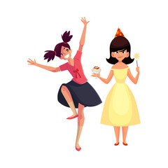 Birthday girl with ice cream and magic wand and her friend dancing at party, cartoon vector illustration isolated on white background. Happy girls having fun at birthday party