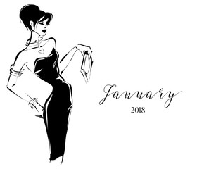 Black and white fashion calendar with woman model silhouette logo. Hand drawn vector illustration