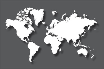 Political world map with shadow isolated on gray background, vector illustration.