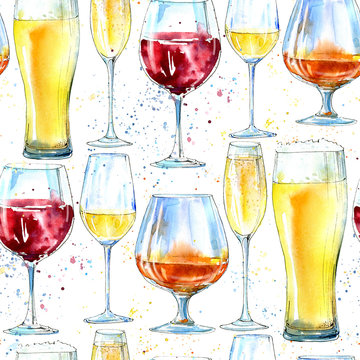 Seamless pattern of a champagne,cognac, wine, beer and glass. Painting of a alcohol drink and splash .Watercolor hand drawn illustration.White background.