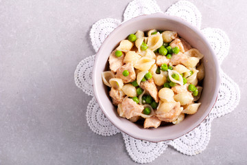 Bowl of pasta with chicken fillet