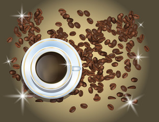 Coffee Beans and White Coffee Cup Isolated in Brown Background