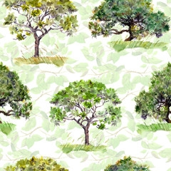 Obraz premium Green trees. Park, forest pattern. Seamless background with leaves. Watercolor