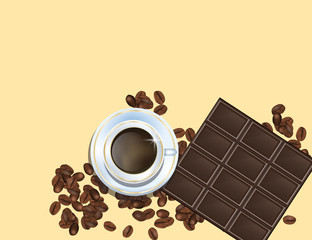 Coffee Beans, Chocolate Bar and White Coffee Cup Isolated in Yellow Background