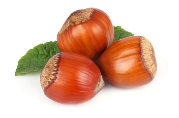 hazelnuts with green leaf isolated on white background